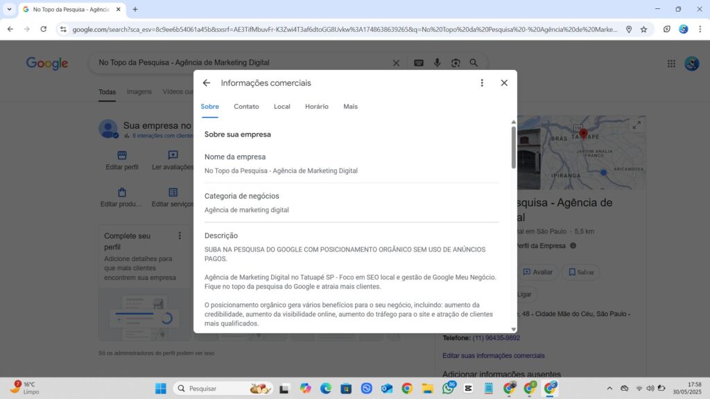 Tela de configuração do perfil da empresa no Google