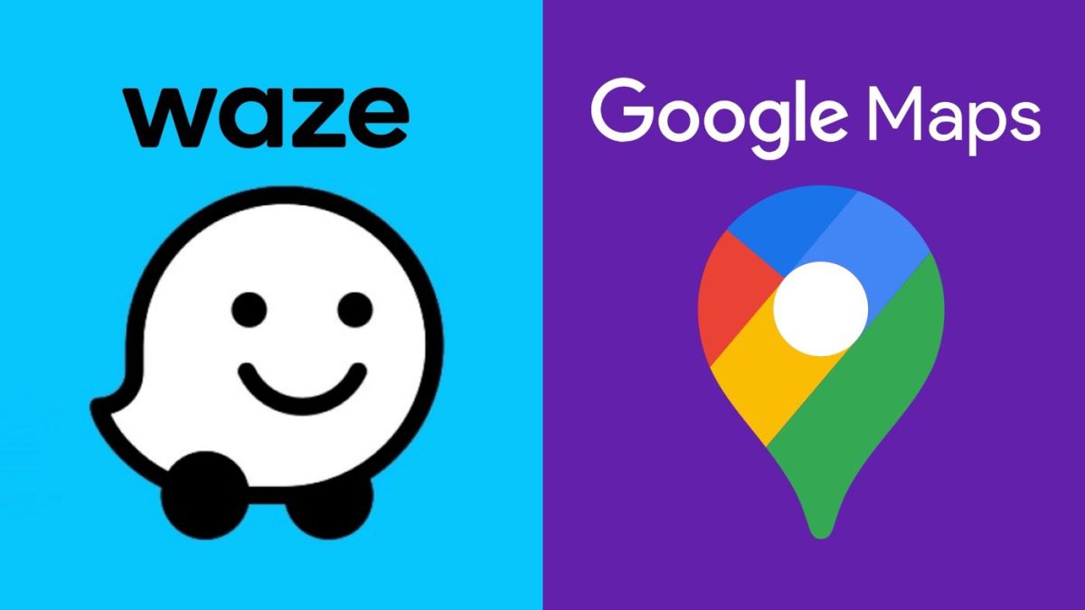 Waze exibindo um pin de localização em um mapa e uma sobreposição sutil do logotipo do Google Maps.