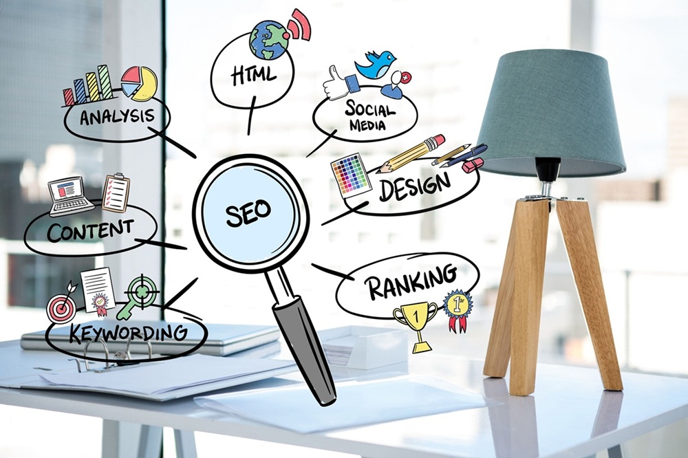 Kit de ferramentas digitais com ícones de lupa, logo de redes sociais e ícone de website, simbolizando as ferramentas e o Método TOPO® para impulsionar o marketing digital orgânico de um pequeno negócio.