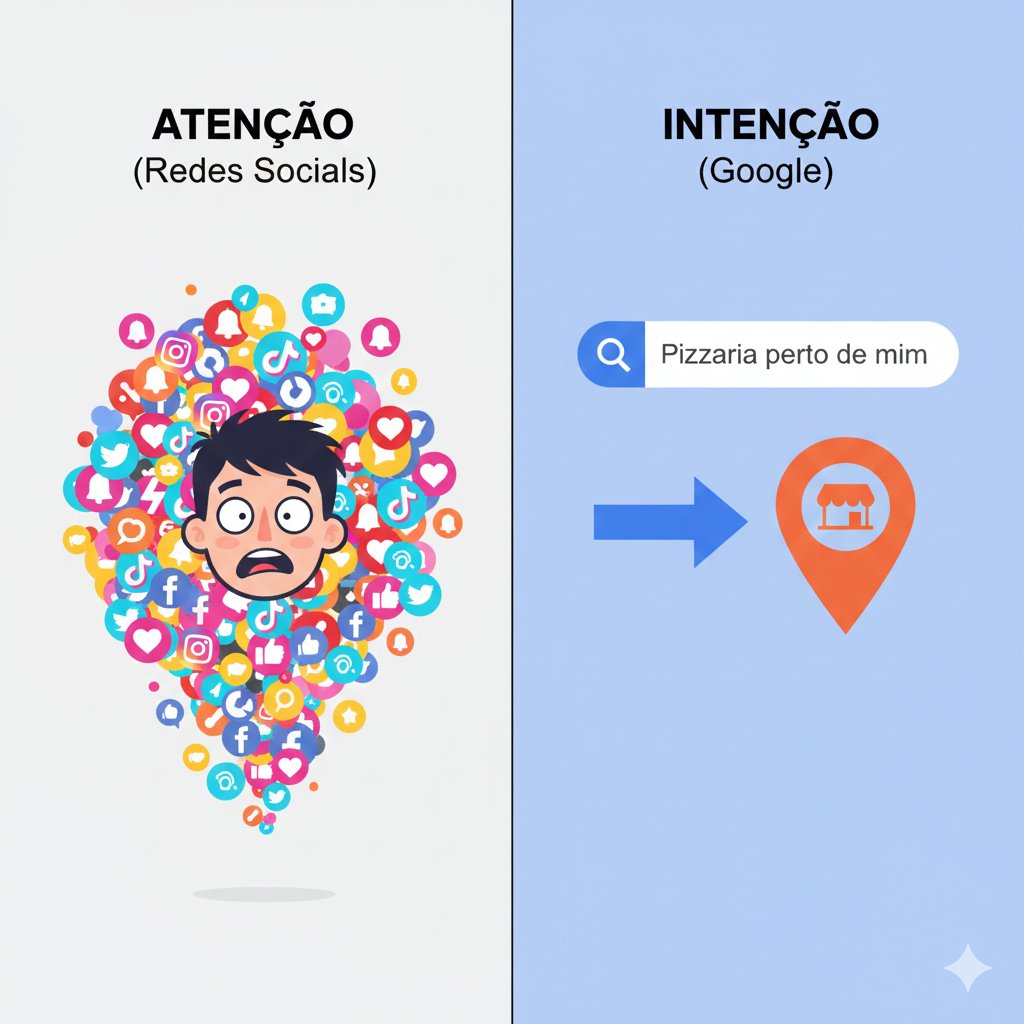 Ilustração comparativa dividida ao meio. O lado esquerdo mostra a confusão das redes sociais (atenção) e o lado direito mostra a clareza da busca por intenção no Google com uma seta direta para o local.