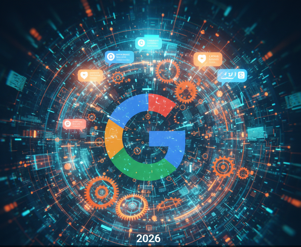 Engrenagens e setas representando a complexidade e evolução constante do algoritmo do Google.