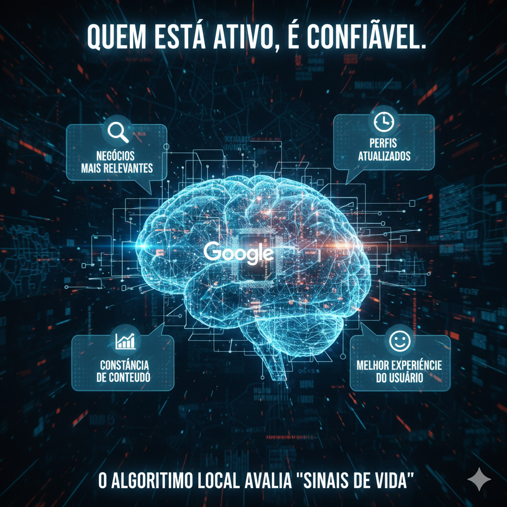 Rede neural e dados sendo reorganizados para representar mudanças no algoritmo do Google.
