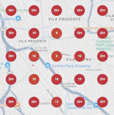 Mapa mostrando posições de negócios no Google com múltiplos pontos de visibilidade local