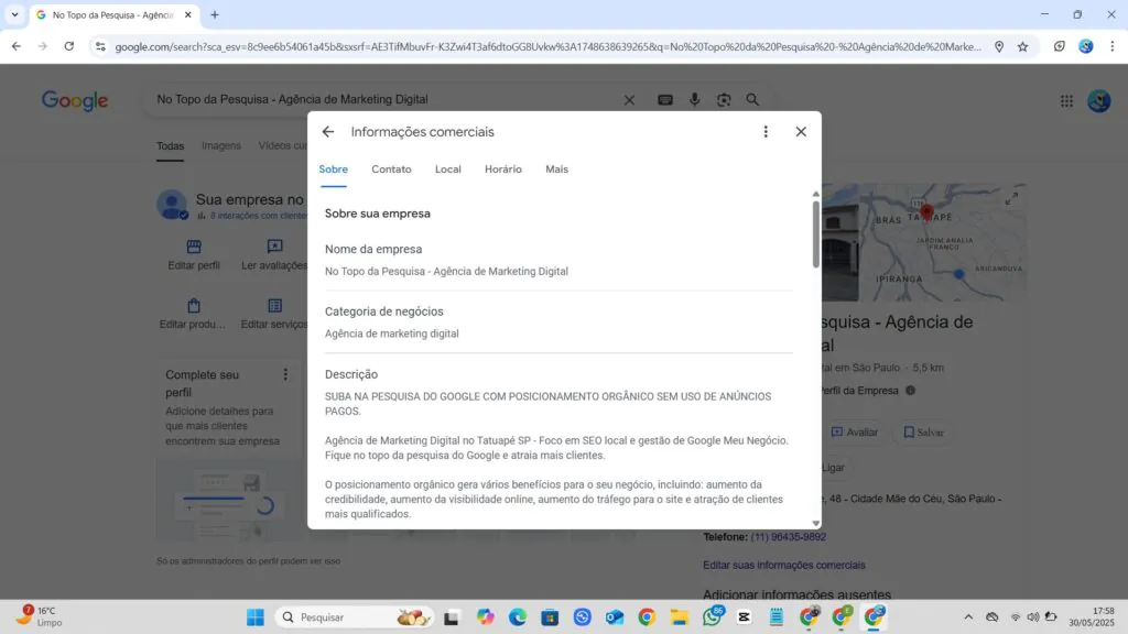Tela de configuração do perfil da empresa no Google
