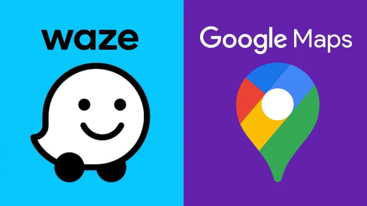 Waze exibindo um pin de localização em um mapa e uma sobreposição sutil do logotipo do Google Maps.