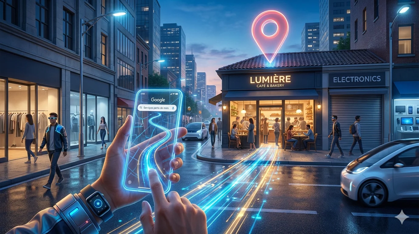 Pessoa segurando um smartphone com o Google Maps aberto, projetando um caminho de luz digital que conecta a busca "serviços perto de mim" a uma loja física iluminada em uma cidade futurista de 2026.