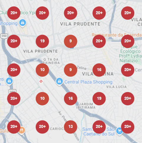 Mapa mostrando posições de negócios no Google com múltiplos pontos de visibilidade local